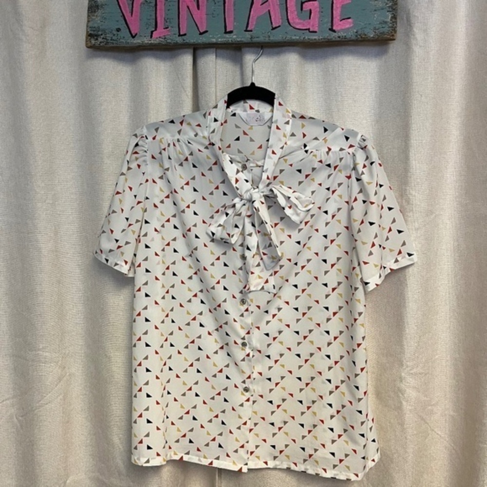 Vintage Retro White Multicolor Neck Tie Bow Semi Sheer Geometric Shapes Blouse